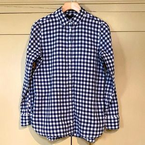 J Crew gingham button down, navy blue and white, “boy” shirt